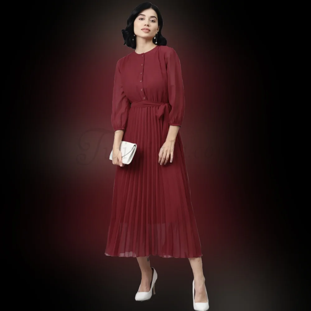 Vina: Wine-Colored Pleated Midi Dress - Picture 1 of 3
